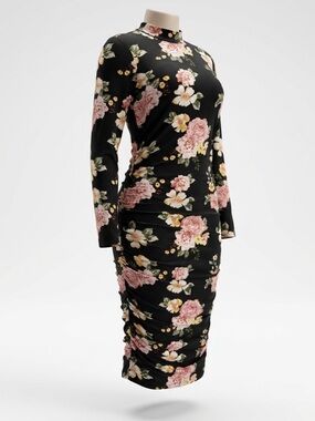 Floral Ruched Long Sleeve Midi Dress - Black/Pink